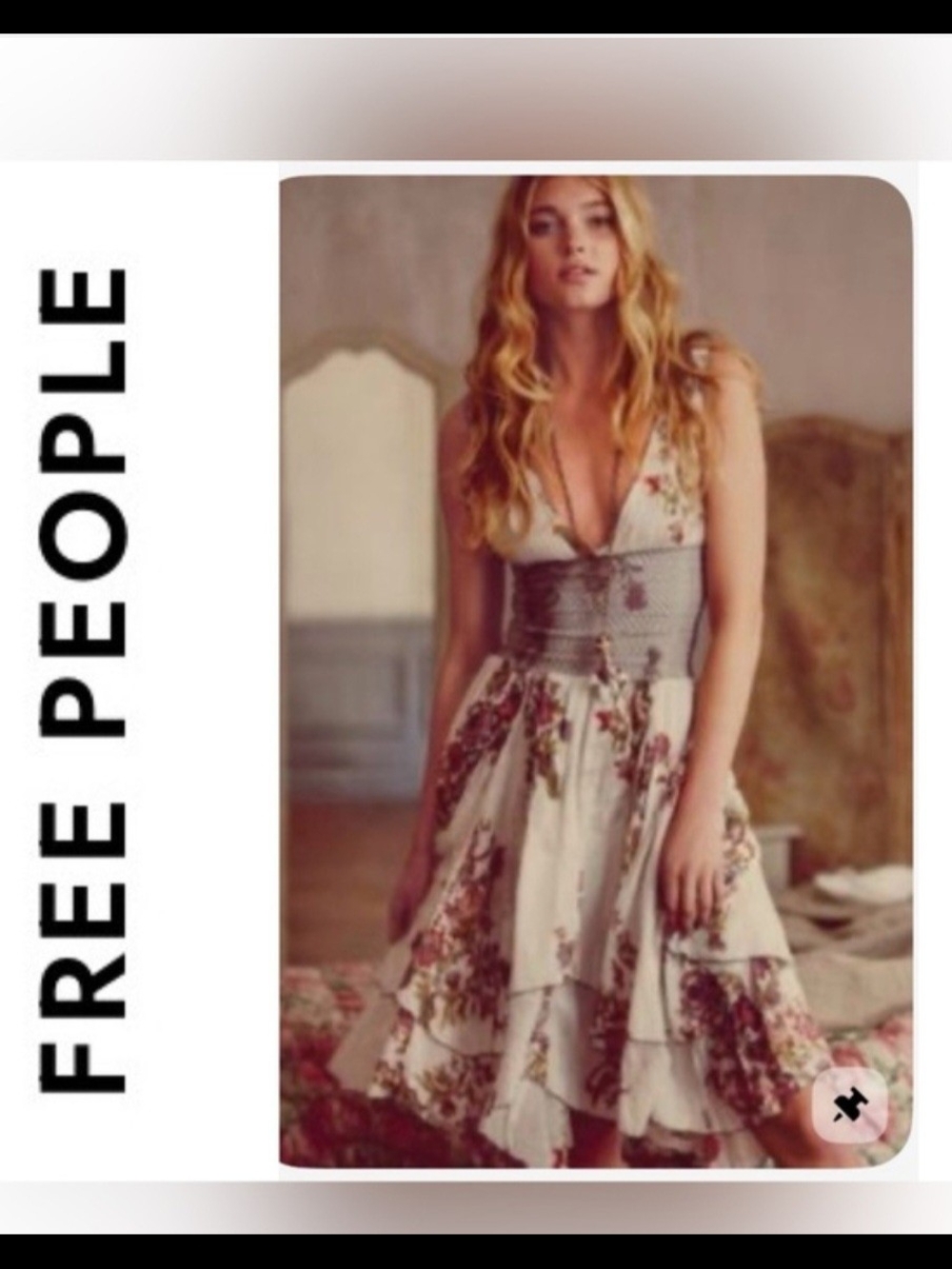 Free People Cream Floral Tiered V-Neck Dress